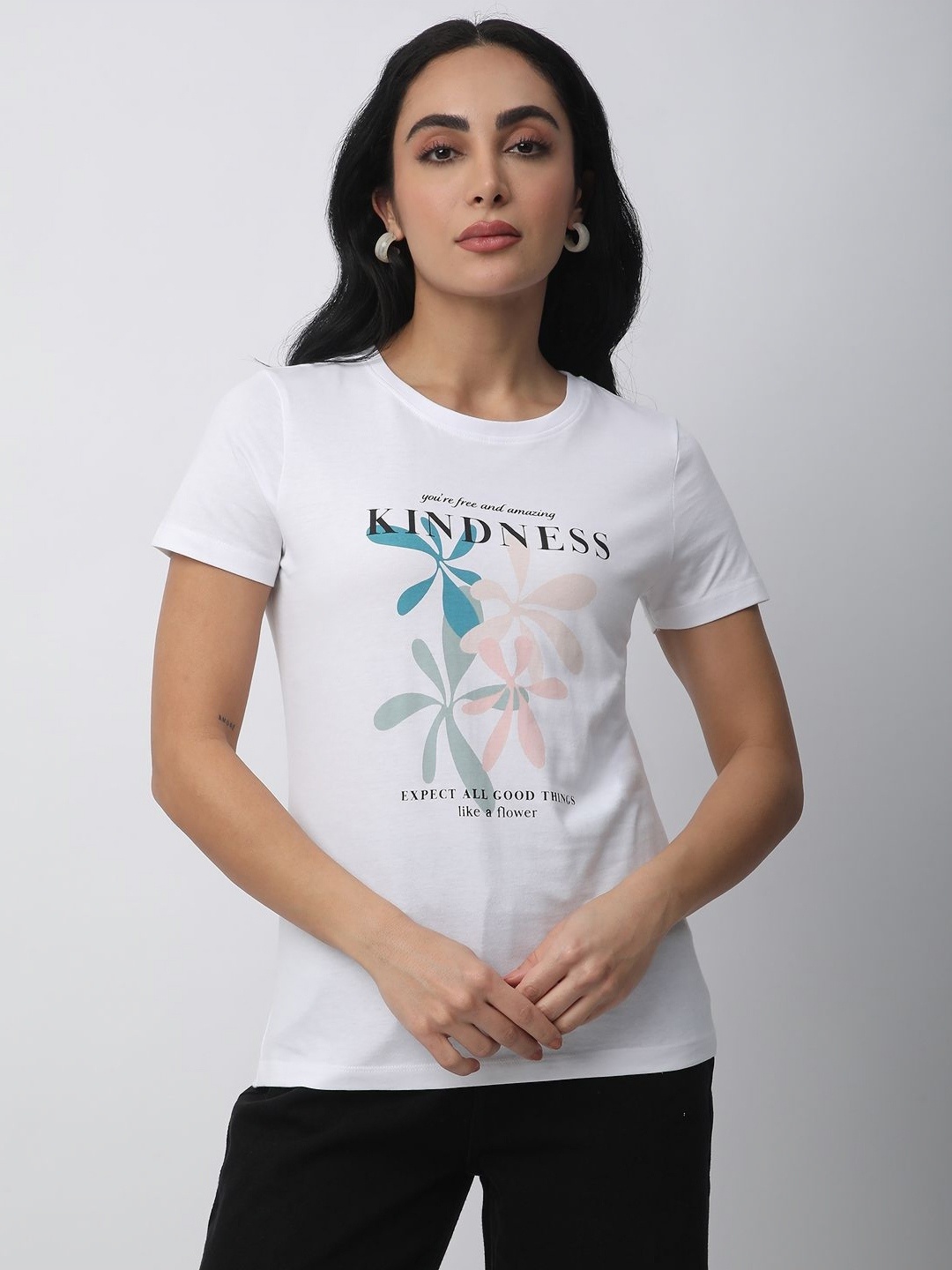 

R&B Women Typography Printed Round Neck Cotton T-shirt, White