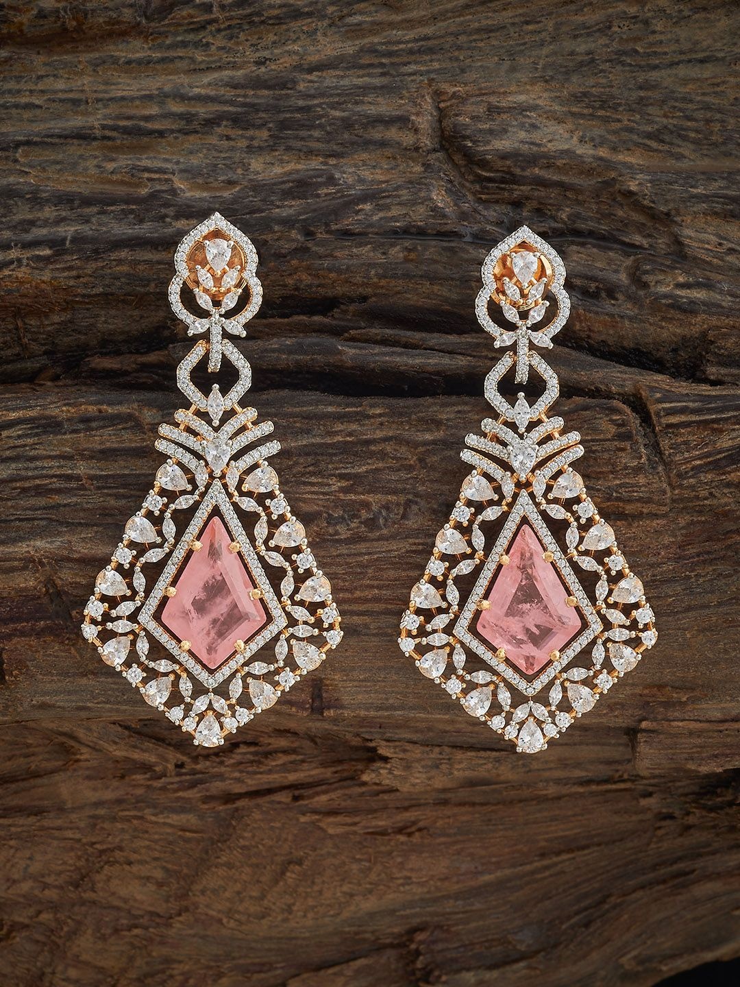 

Kushal's Fashion Jewellery Rhodium-Plated Geometric Zircon Drop Earrings, Pink