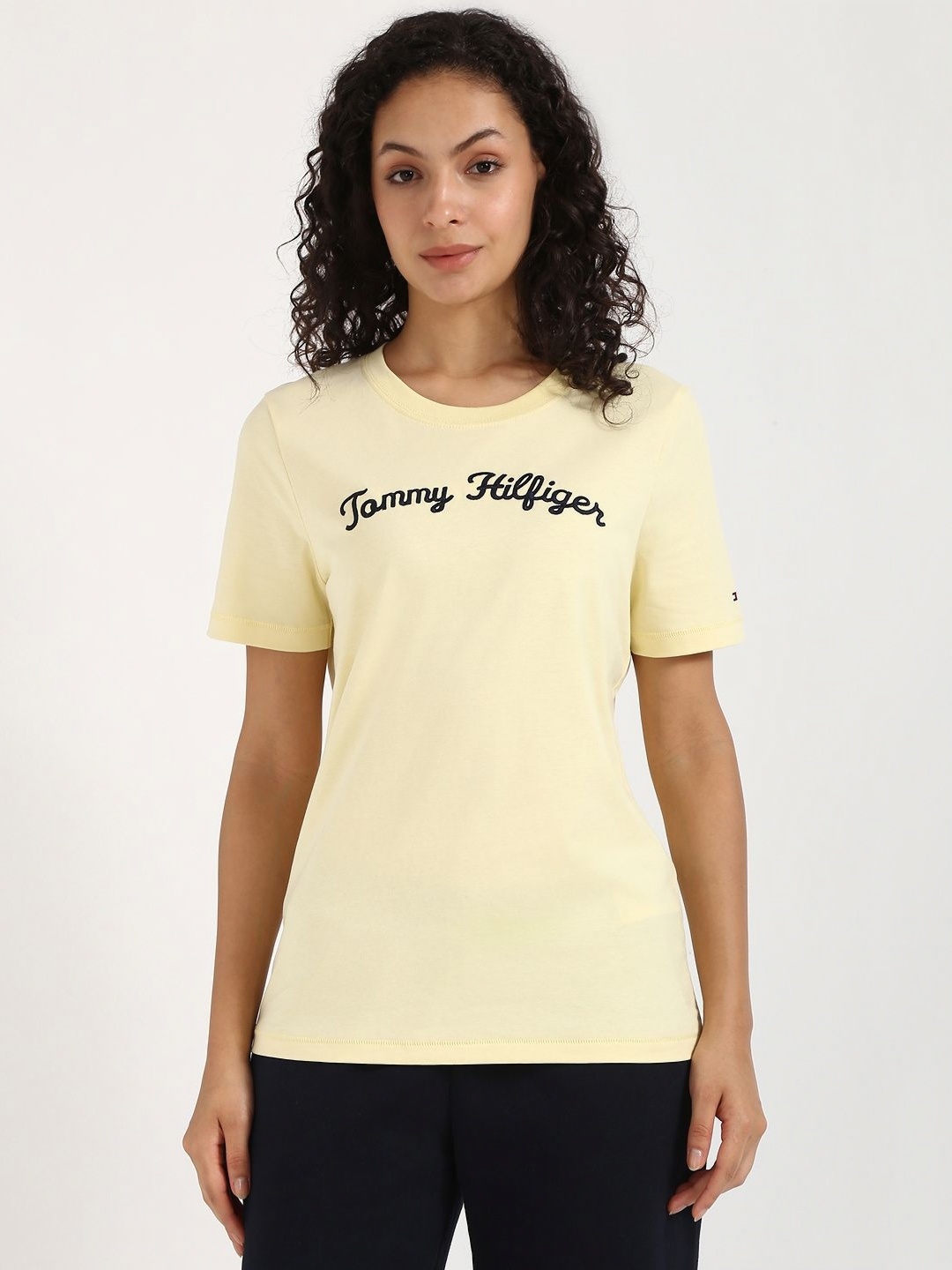 

Tommy Hilfiger Women Typography Printed Round Neck Cotton T-shirt, Yellow