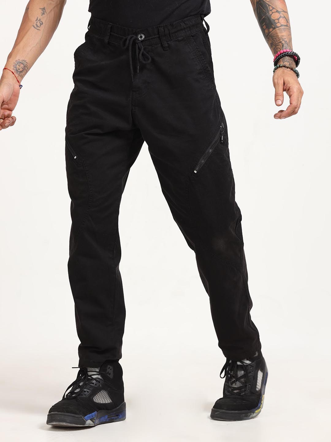 

Italian Colony Men Tailored Tapered Fit Cotton Cargo Trousers, Black