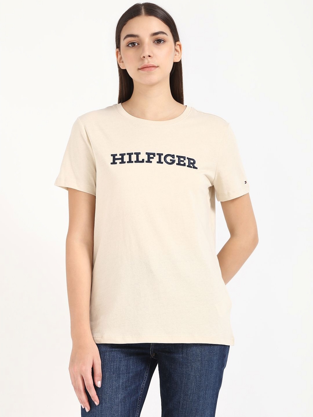 

Tommy Hilfiger Women Typography Monochrome T-shirt, Beige