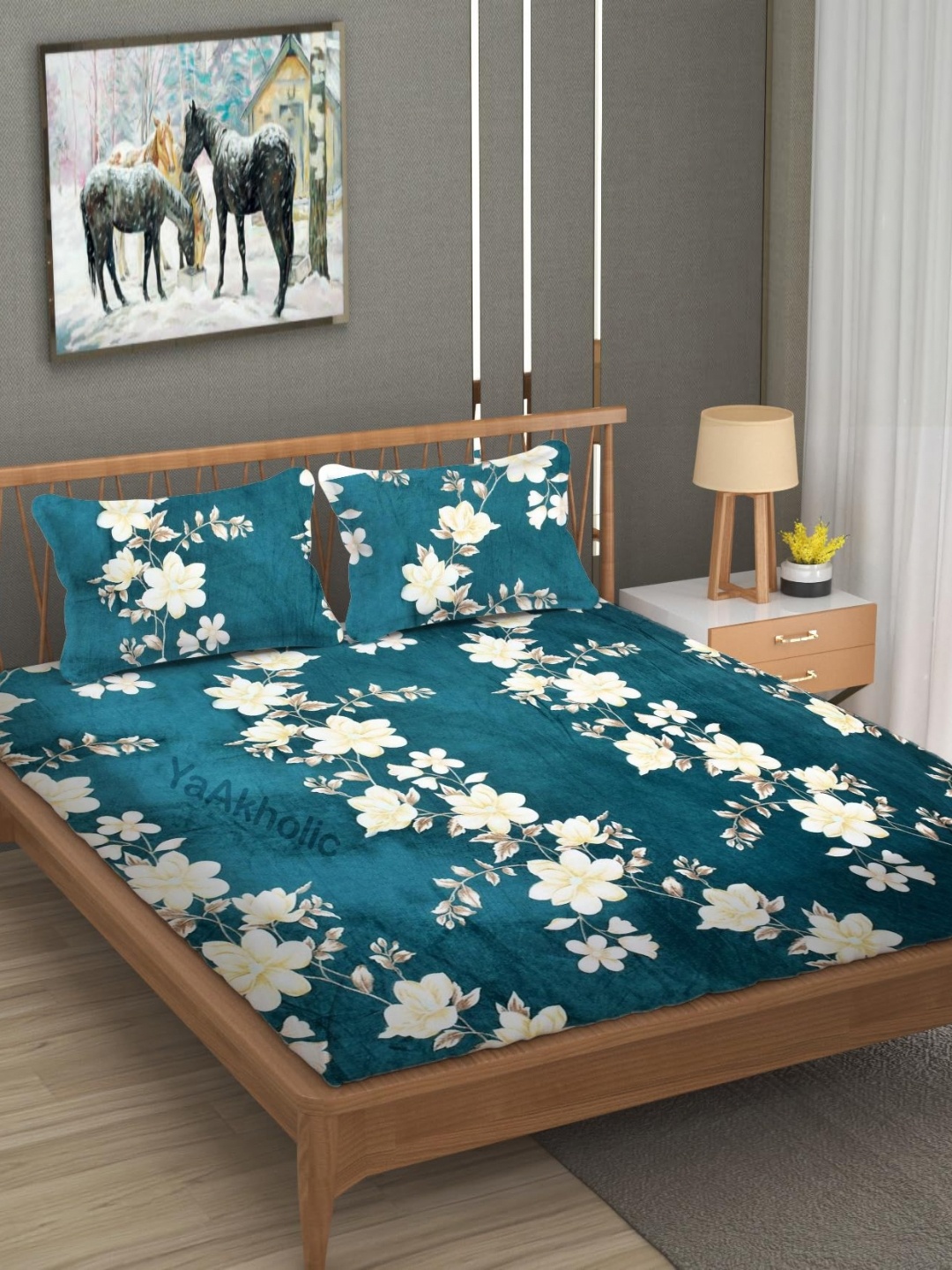 

YaAkholic Green & White Floral 210 TC King Velvet Fitted Bedsheet Set- 1.9 M x 1.8 M