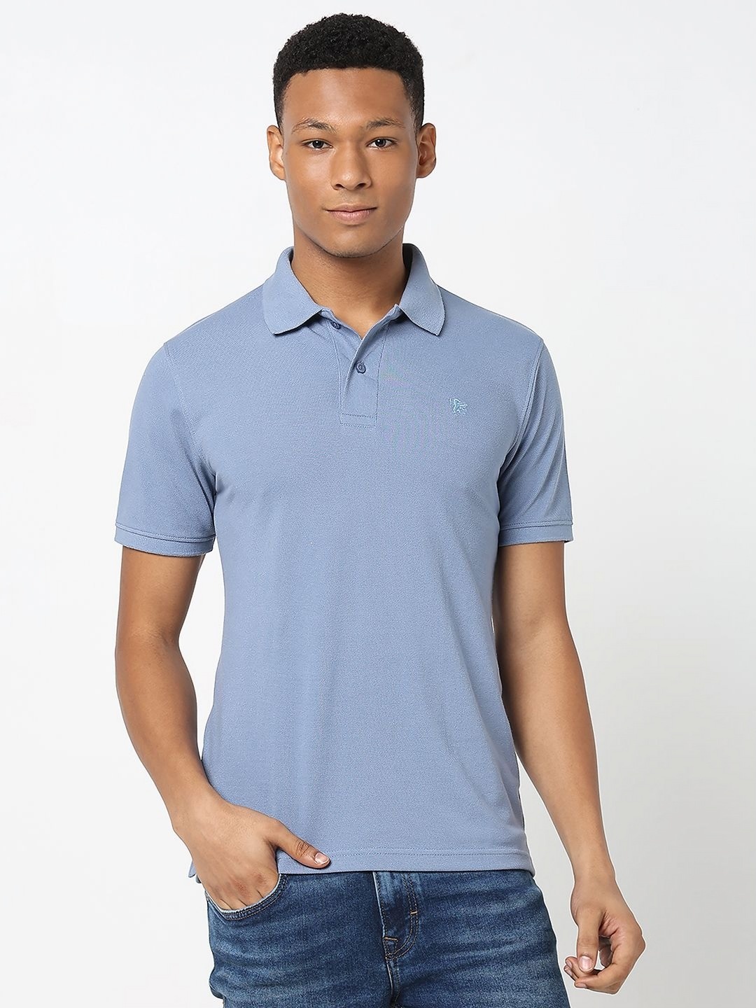 

R&B Men Solid Polo Collar Cotton T-shirt, Blue