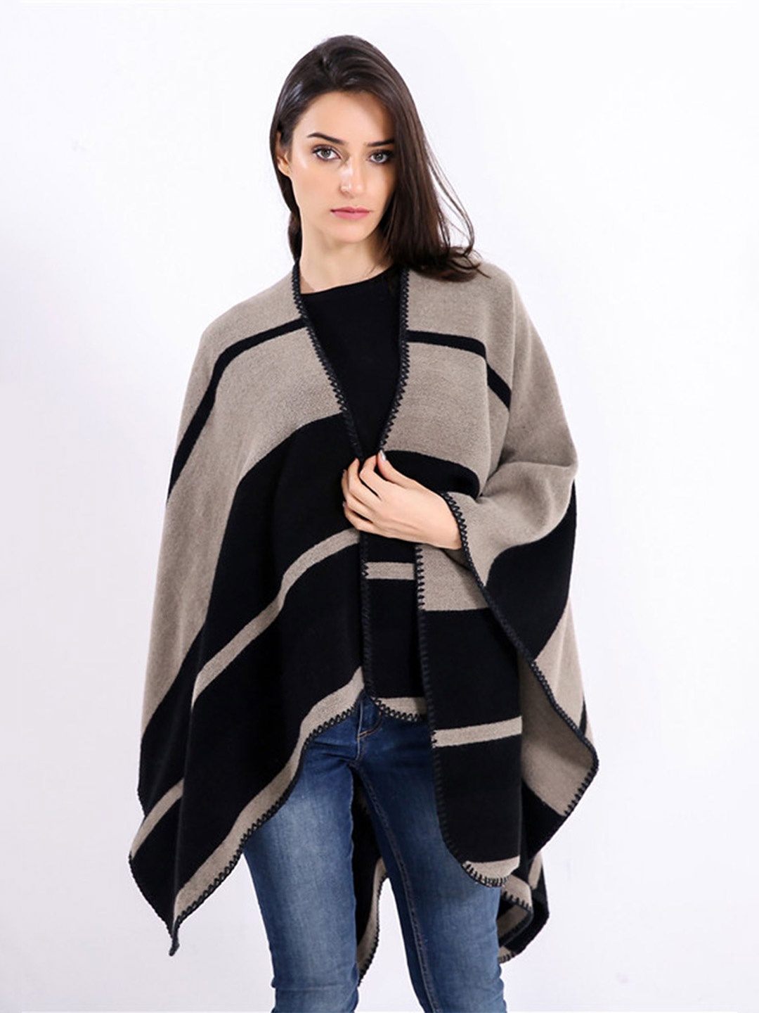 

LULU & SKY Women Striped Waterfall Shrug, Grey