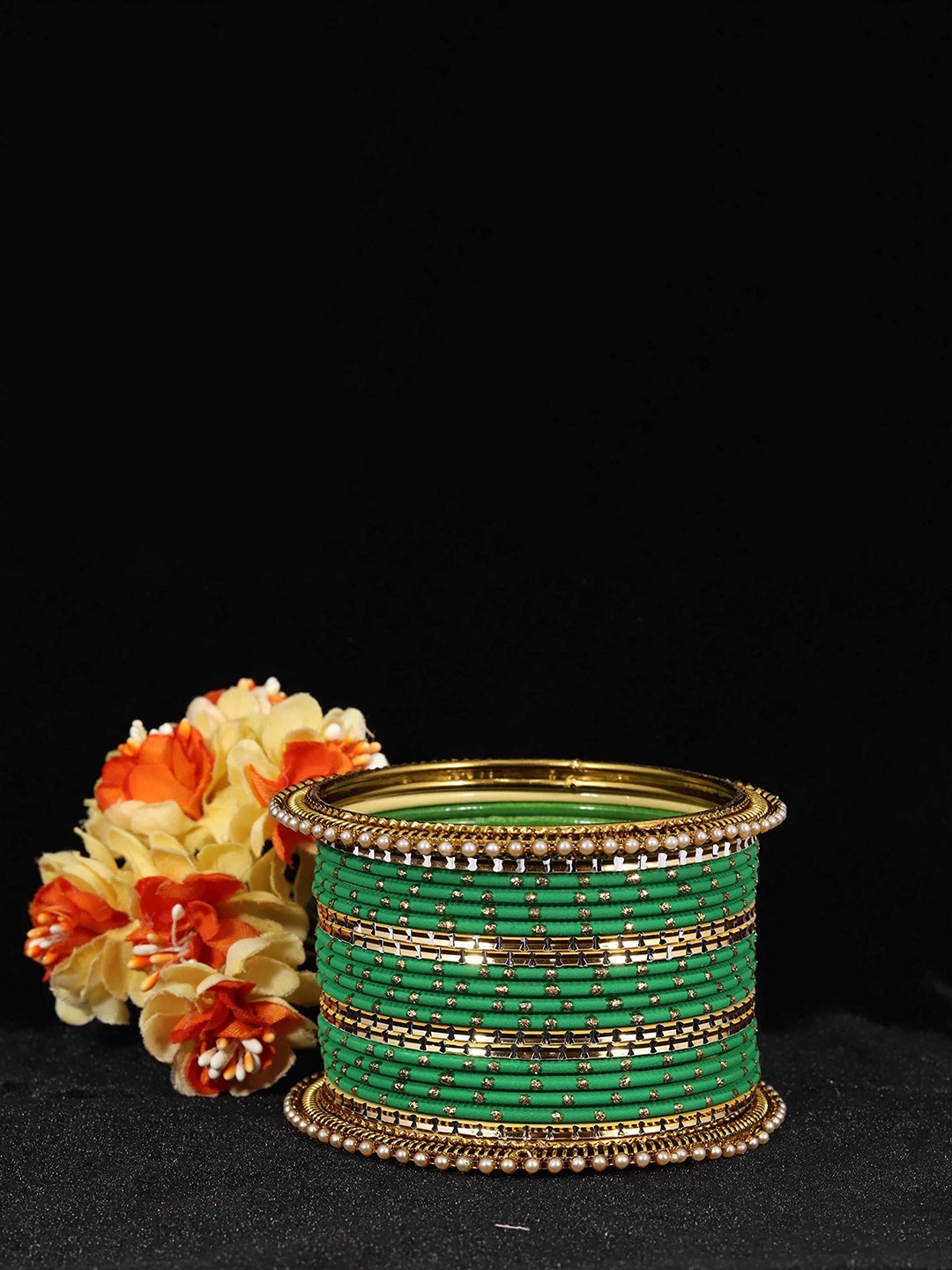 

Set Of 40 Non-Precious Metal with Base Metal Zari Dotted and Pearls Traditional Bangles, Green