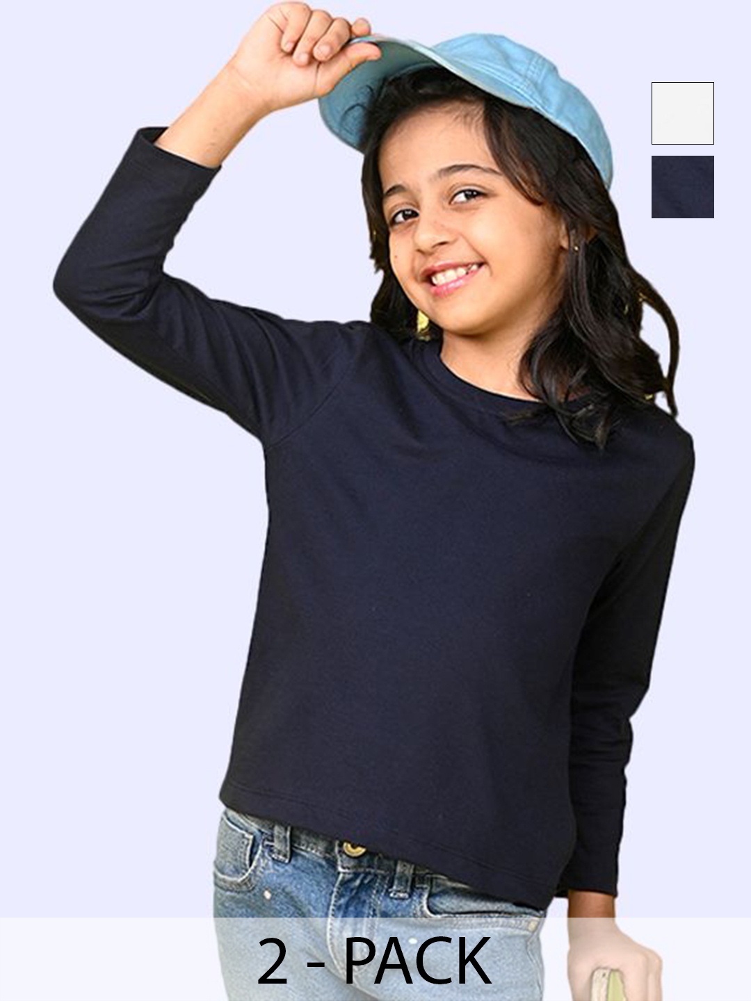 

NUSYL Pack Of 2 Girls Solid Round Neck Cotton T-shirts, Navy blue