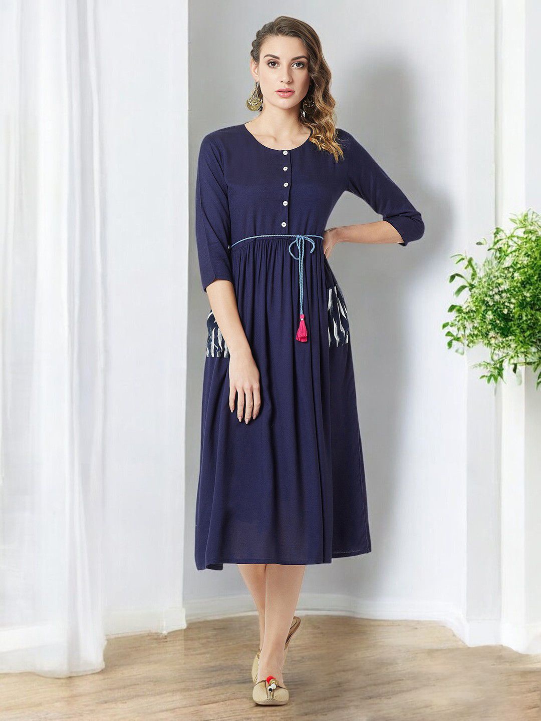 

DressBerry Women Fit & Flare Pocket Detailing Midi Dress, Navy blue