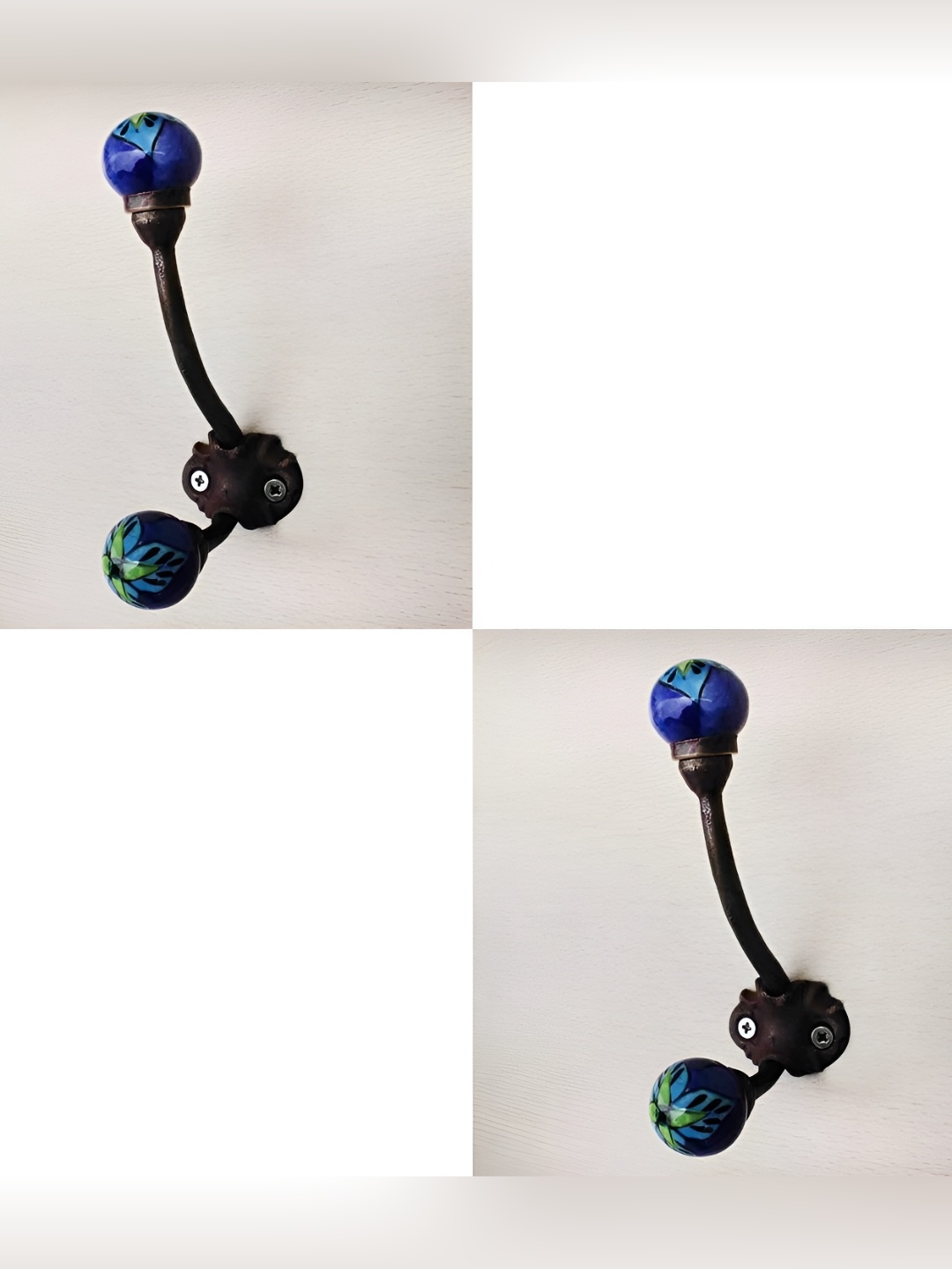 

IndianShelf Purple & Bronze 2 Pieces Floral Printed Ceramic Wall Hooks, Blue