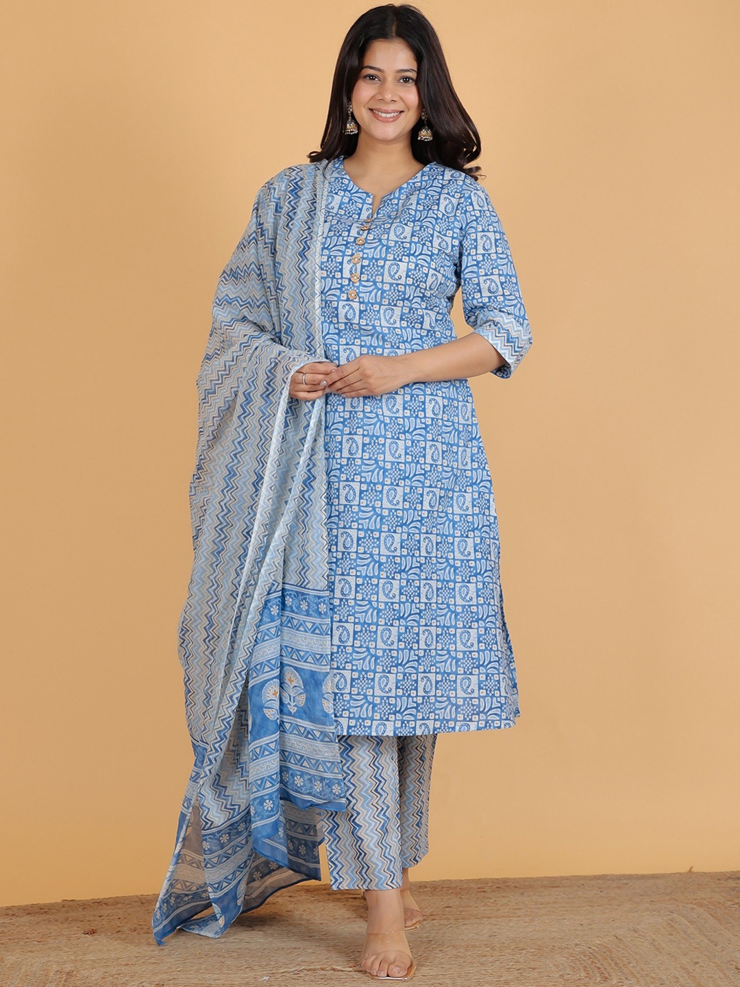 

Aramya Geometric Printed Regular Pure Cotton Straight Kurta with Trousers & Dupatta, Blue