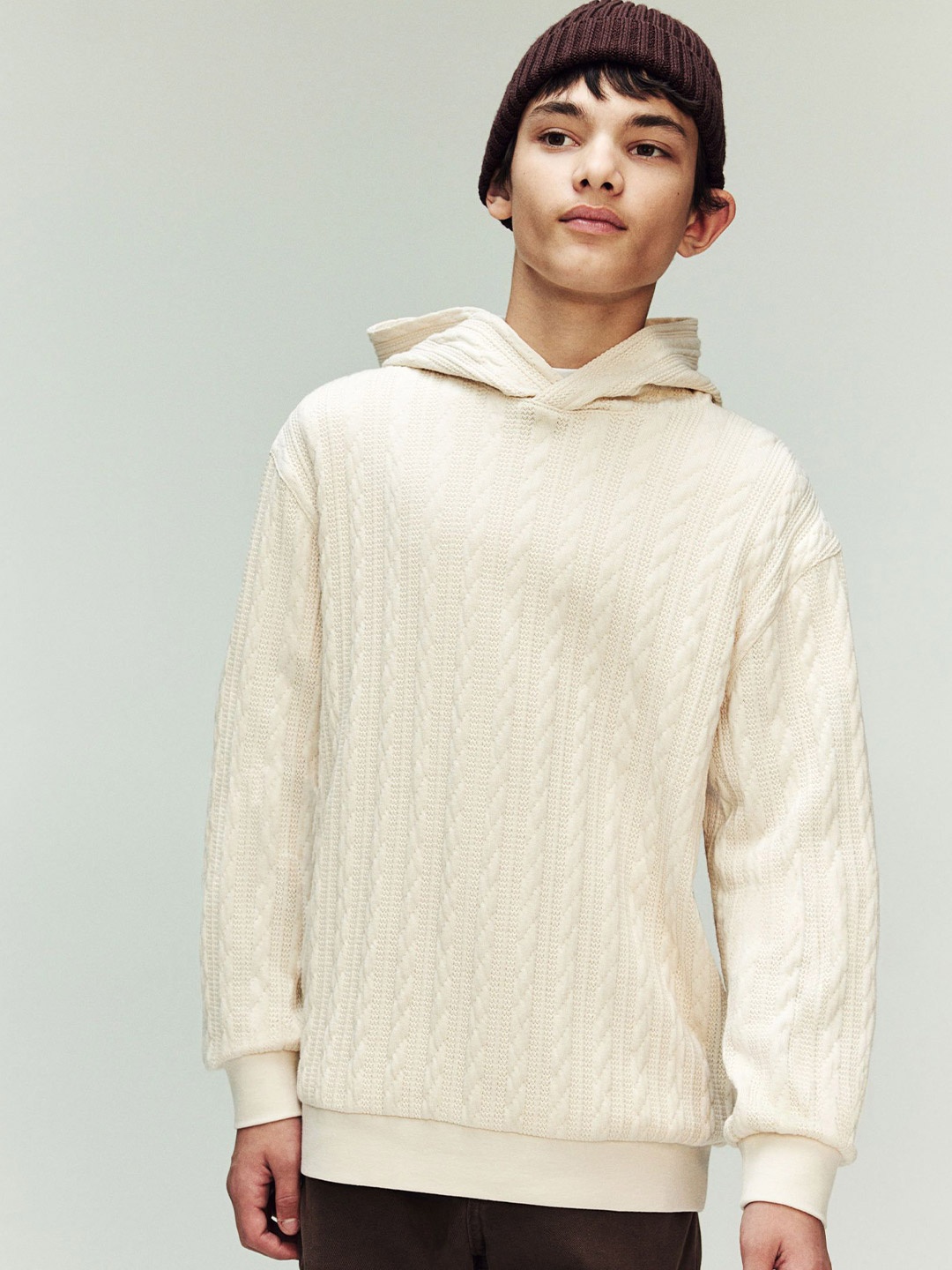 

H&M Boys Cable-Knit Look Hoodie, Beige
