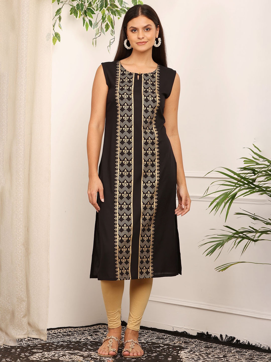 

Bhuja Ethnic Motifs Printed Regular Straight Kurta, Black