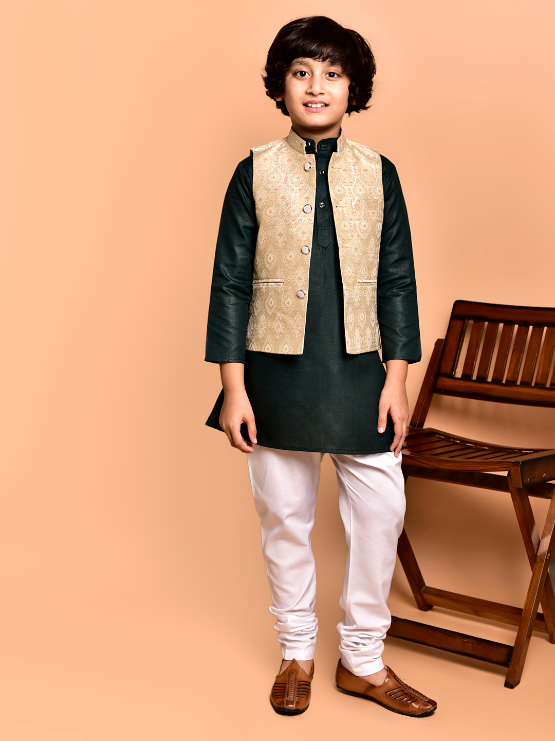 

PRINTINDIA Boys Mandarin Collar Regular Straight Kurta with Pyjamas, Green