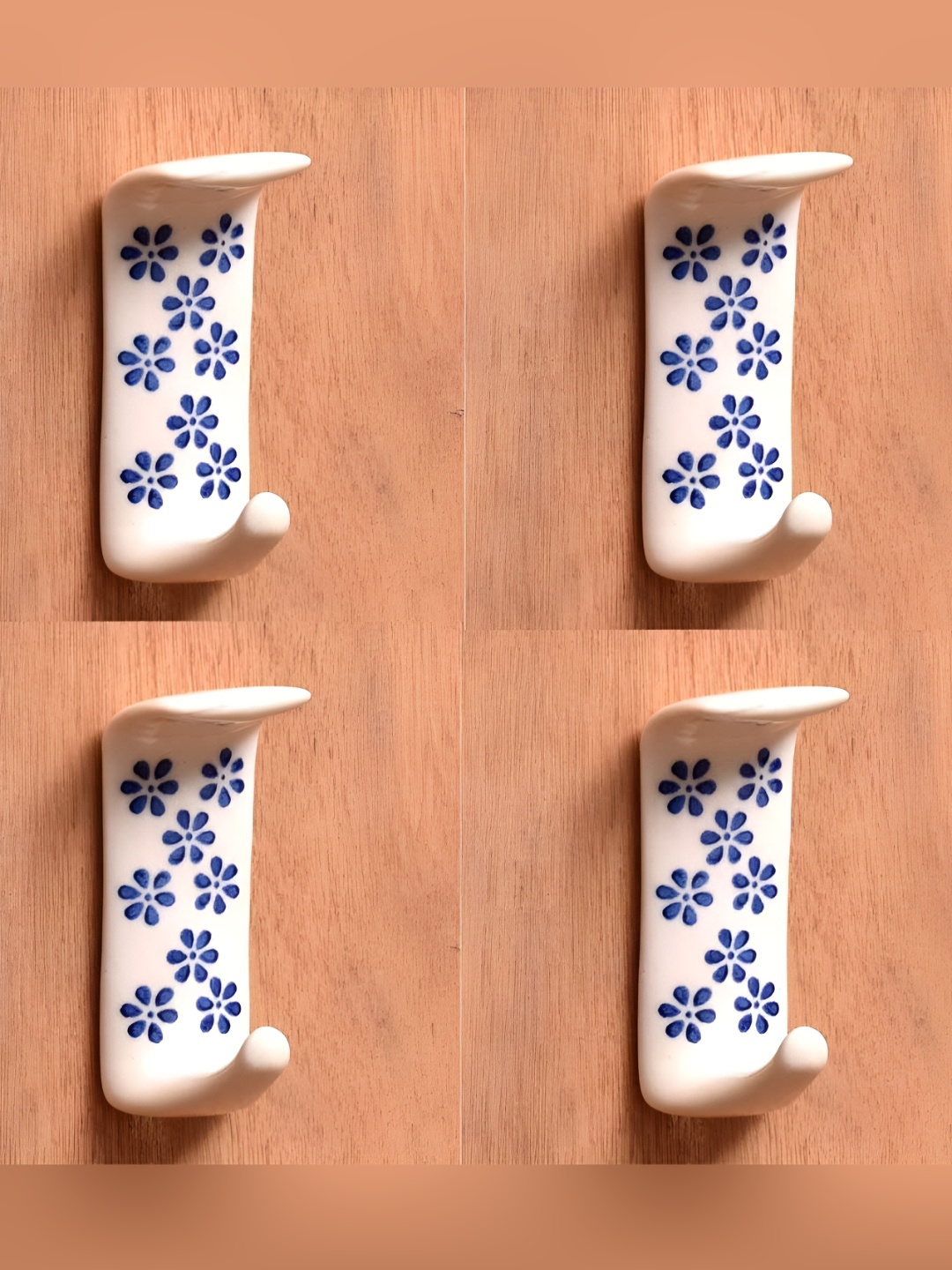 

IndianShelf White & Blue 4 Pieces Floral Printed Ceramic Wall Hooks