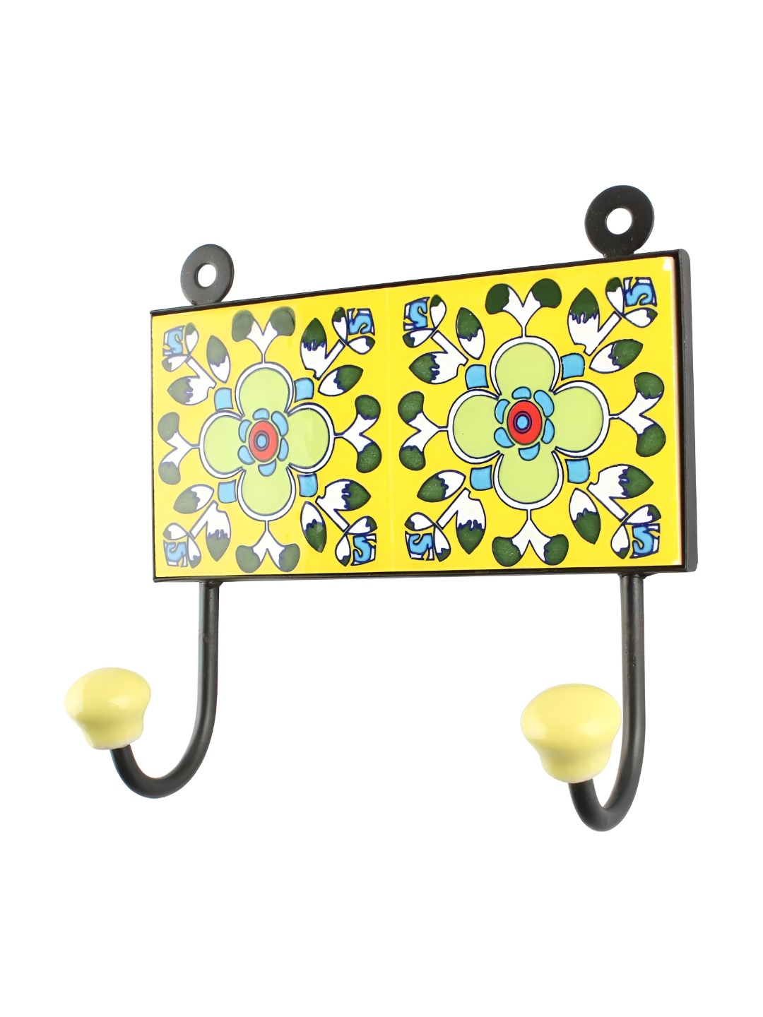 

IndianShelf Yellow Ceramic Floral Tile Cloth Hanger for Wall Hooks for Kitchen