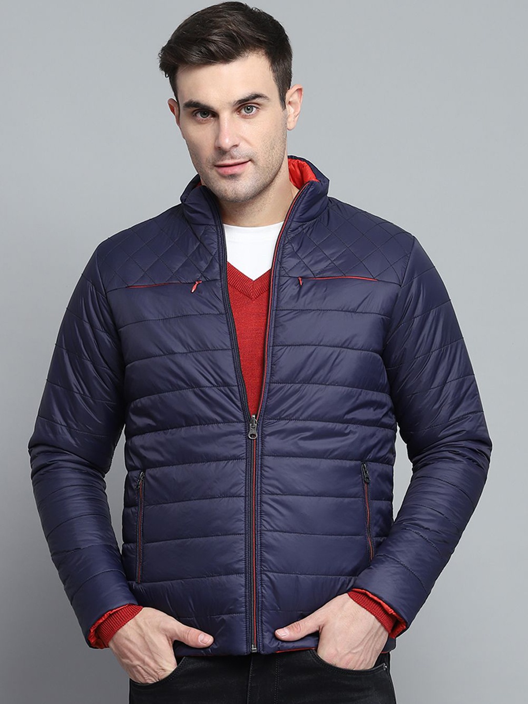 

Monte Carlo Men Mock Collar Solid Casual Padded Reversible Jacket, Navy blue