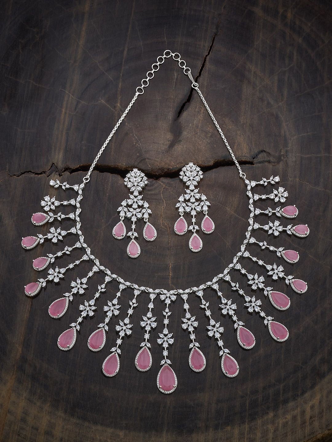 

Kushal's Fashion Jewellery Rhodium-Plated CZ-Studded Necklace and Earrings, Silver