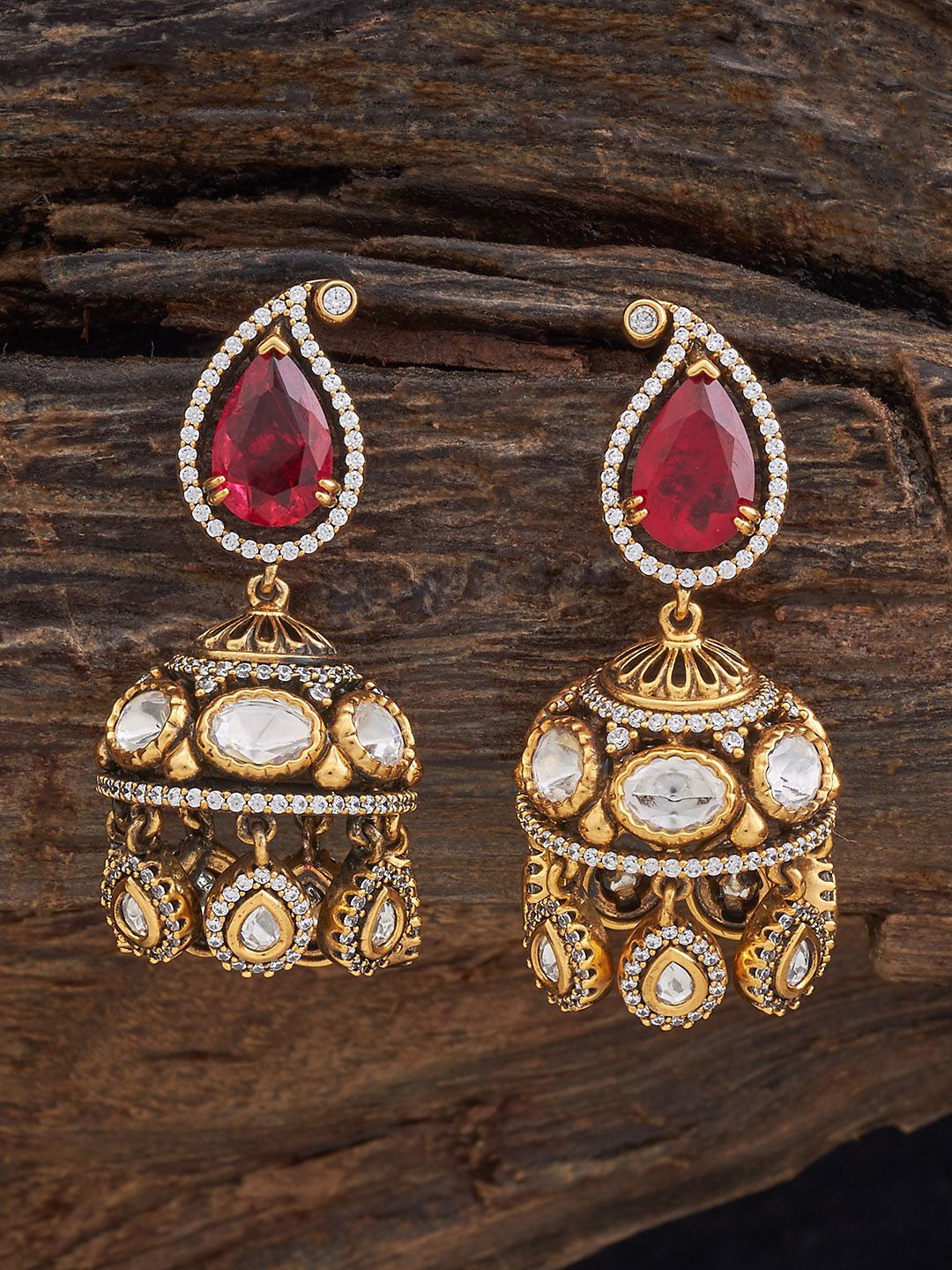 

Kushal's Fashion Jewellery Victorian Plated Kundan Stone Studded Dome Shaped Jhumkas, Gold