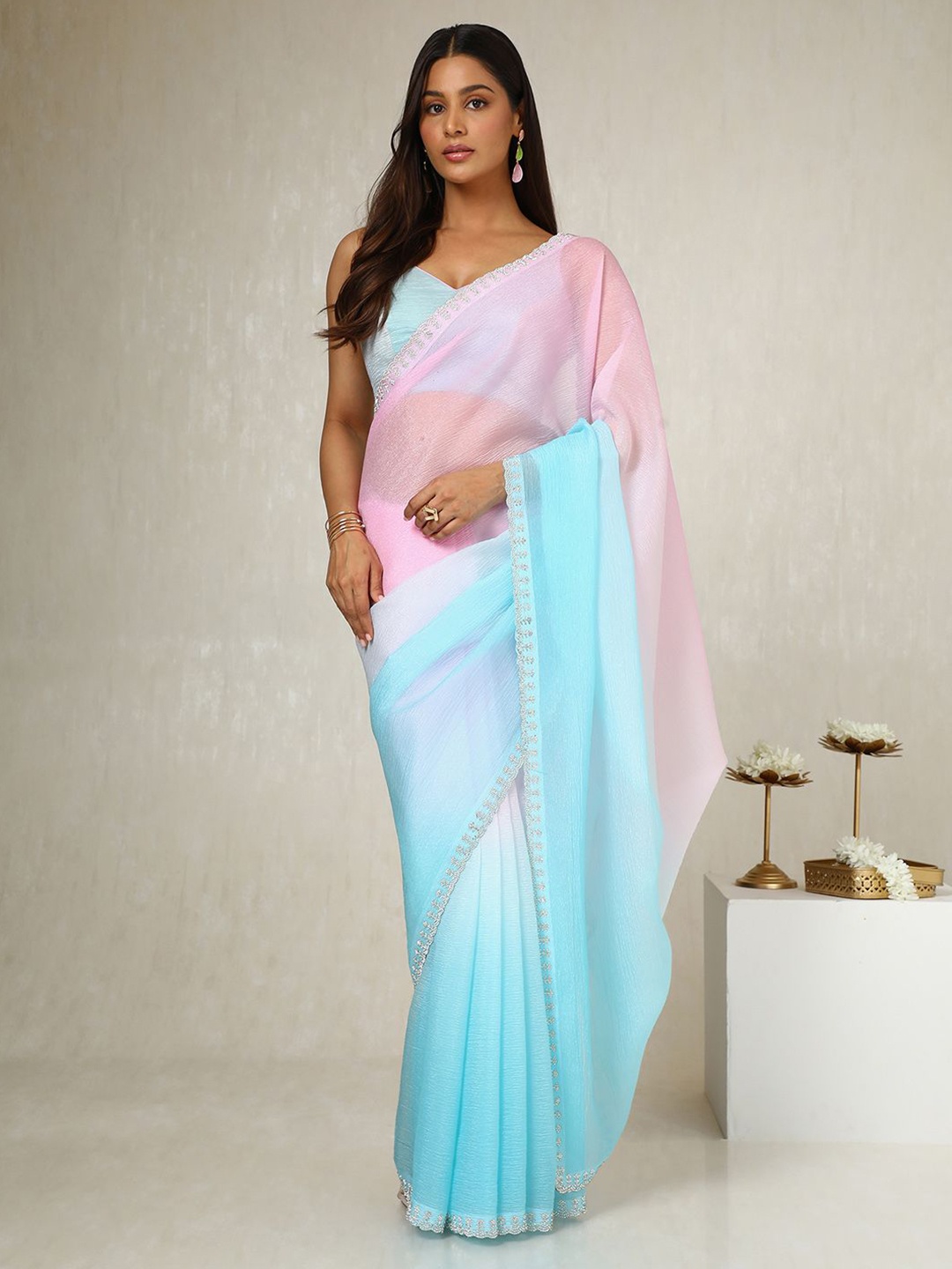 

Soch Ombre Beads and Stones Holi Saree, Turquoise blue