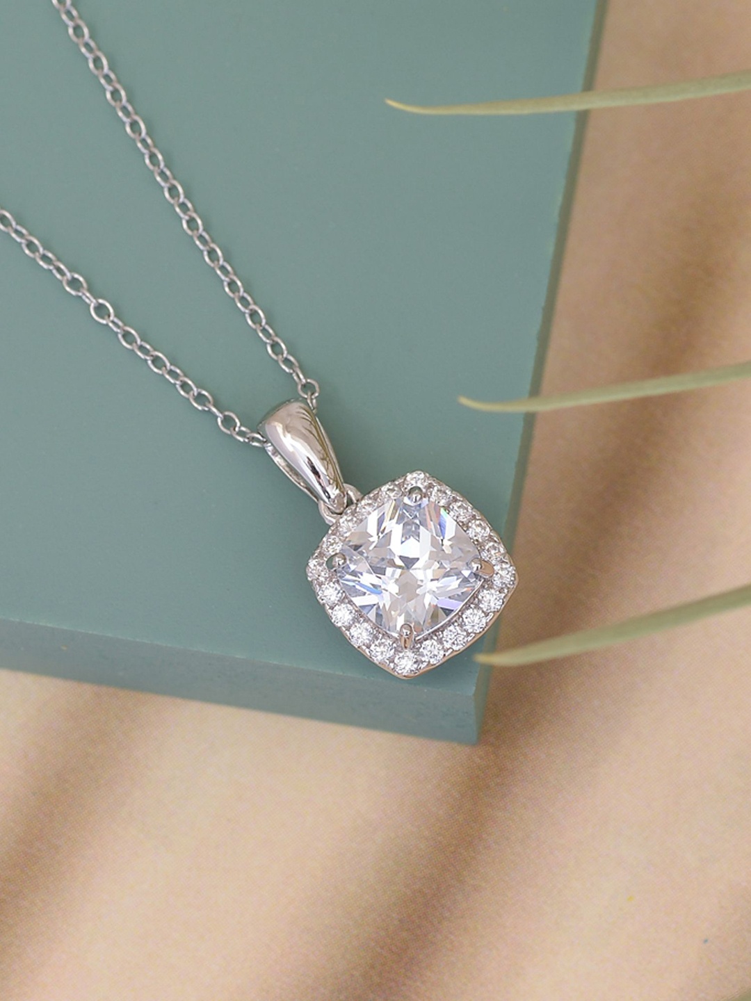 

Ornate Jewels Rhodium-Plated Square Pendants with Chains, Silver