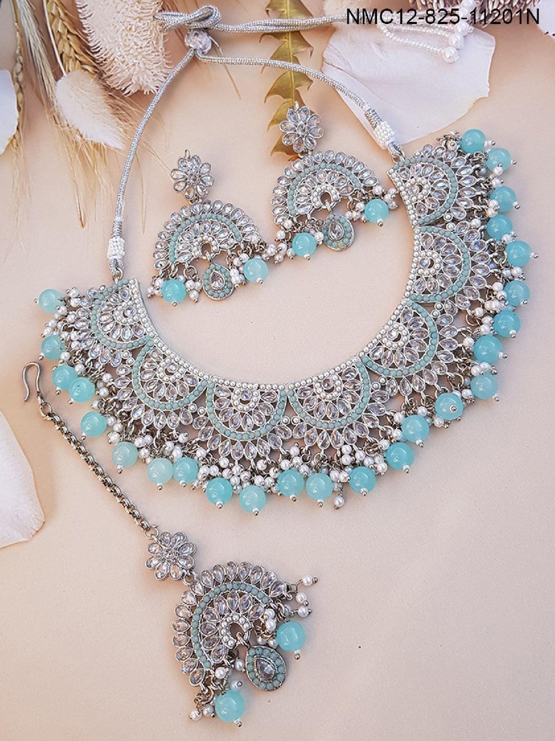 

GRIIHAM Silver-Plated CZ-Studded & Beaded Necklace & Earrings With Maang Tika