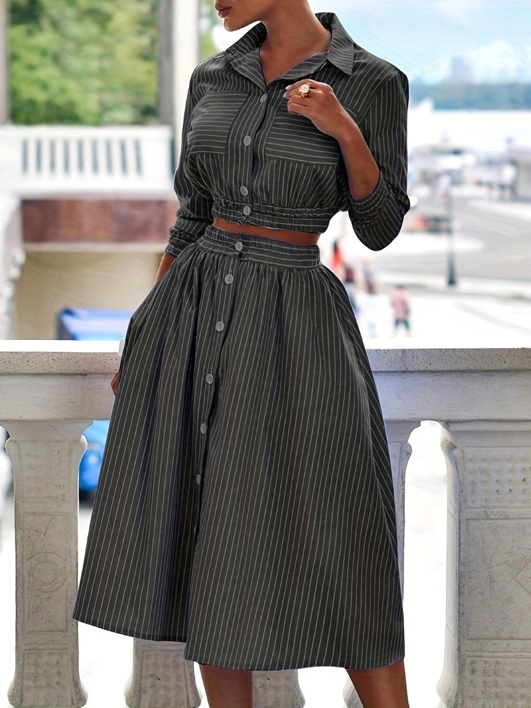 

StyleCast Striped Shirt Collar Top & Skirt, Black