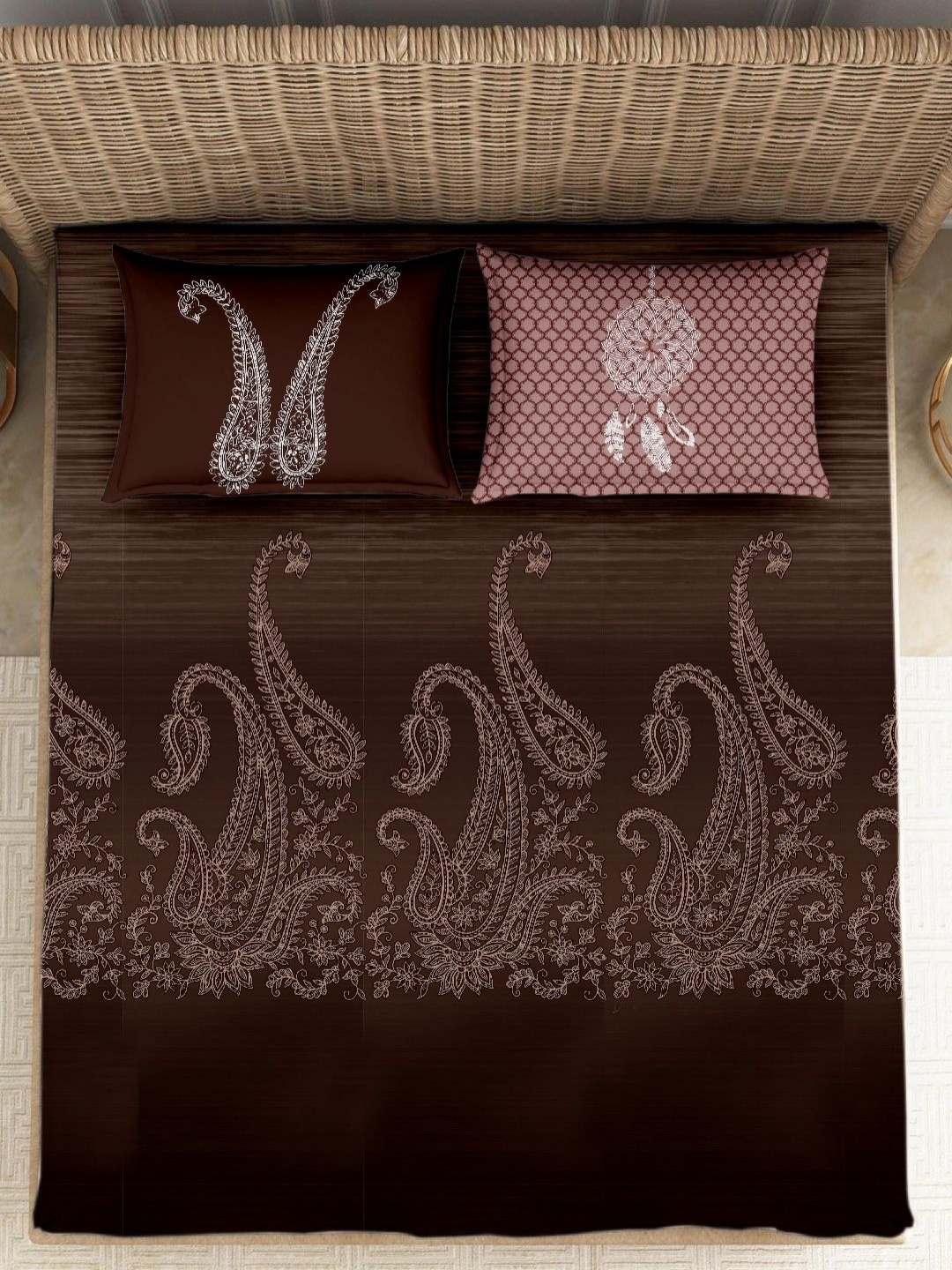 

VINTANA Coffee Brown Ethnic Motifs 250 TC Cotton King Bedsheet Set-2.74 m x 2.74 m