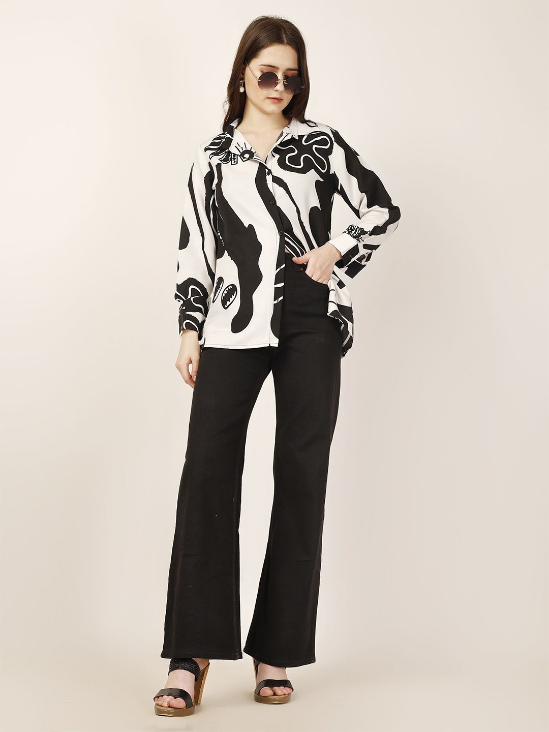 

DressBerry Women Spread Collar Abstract Printed Cotton Casual Shirt, White