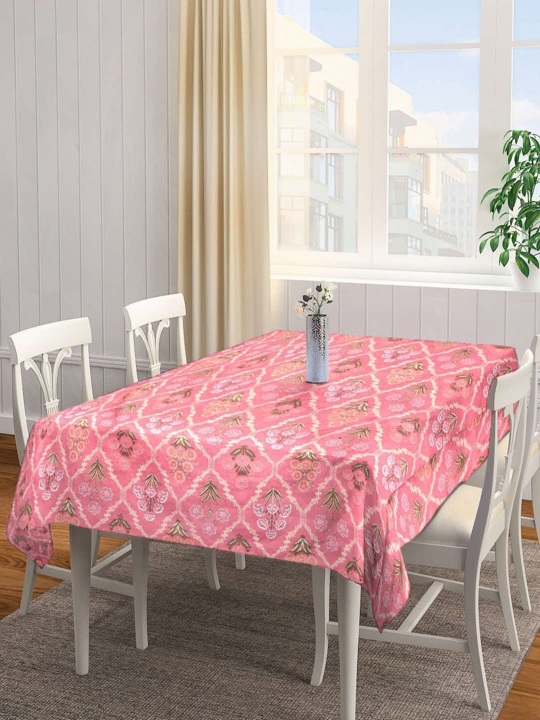 

Aura Peach-Coloured & Pink Floral Printed Cotton 6-Seater Table Cover