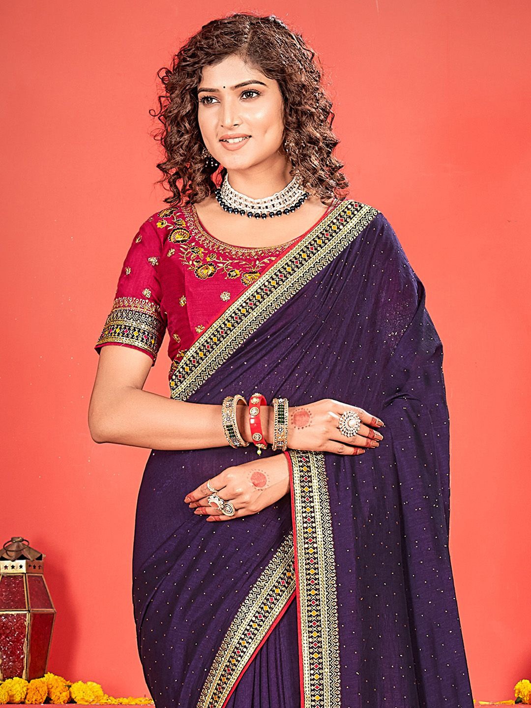 

Anouk Embellished Embroidered Beads and Stones Saree, Purple