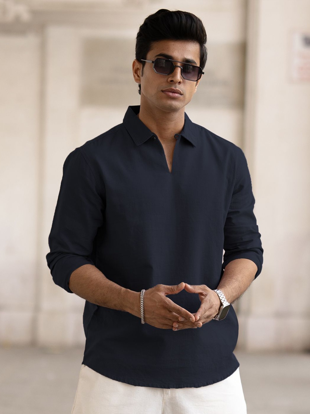 

Powerlook Men Solid Opaque Cotton Casual Shirt, Navy blue