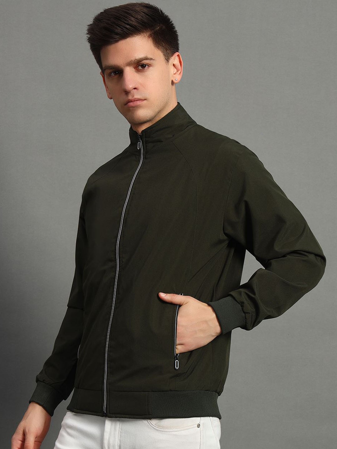 

GET GOLF Men Polyester Bomber Jacket, Olive