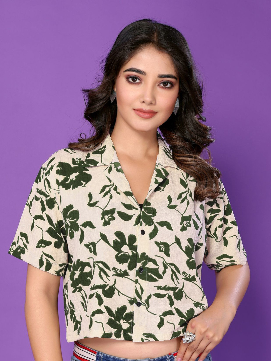

vj fashion Women Cuban Collar Floral Printed Relaxed Fit Casual Shirt, Cream