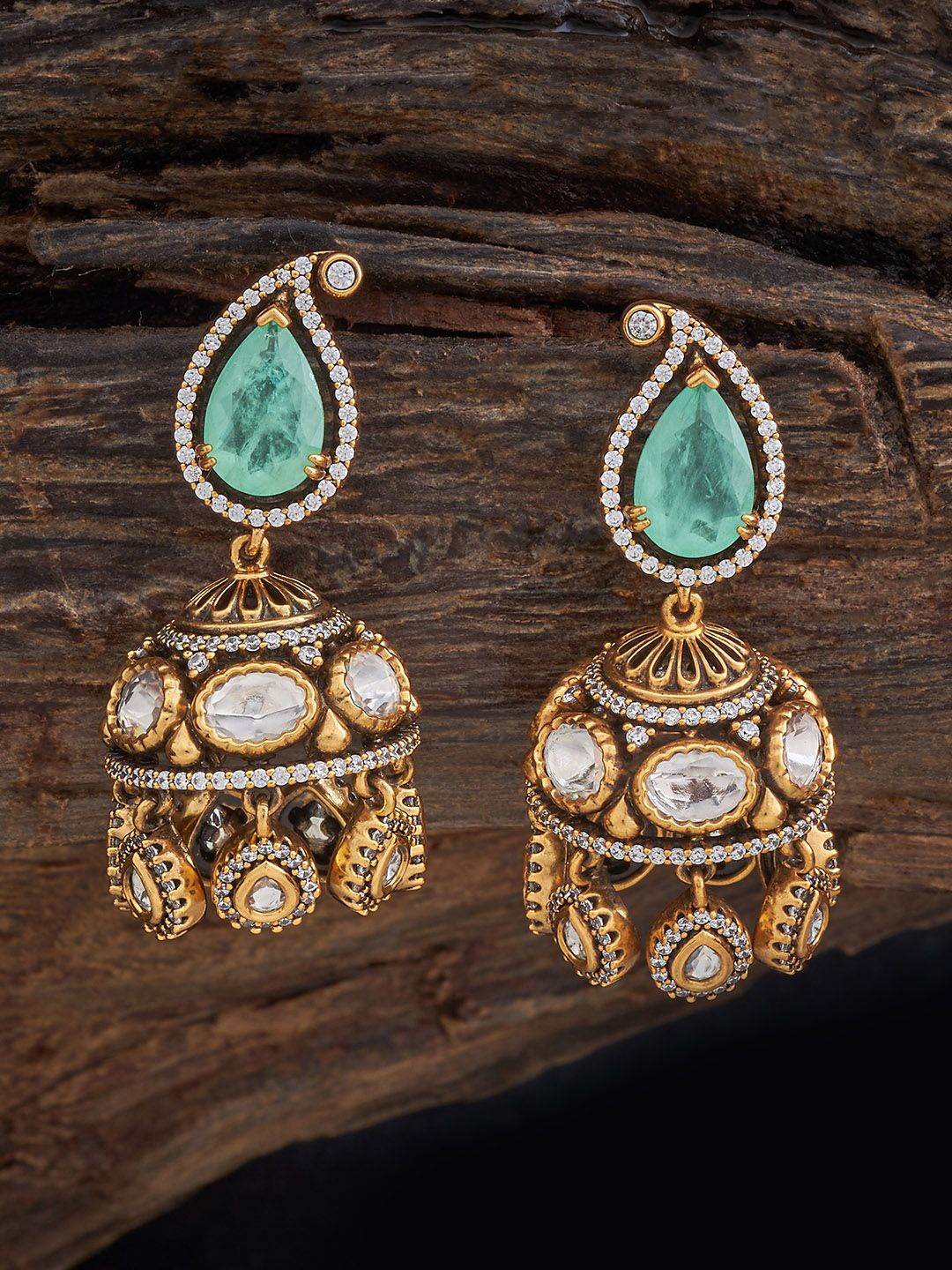 

Kushal's Fashion Jewellery Victorian Plated Kundan Studded Dome Shaped Jhumkas, Green