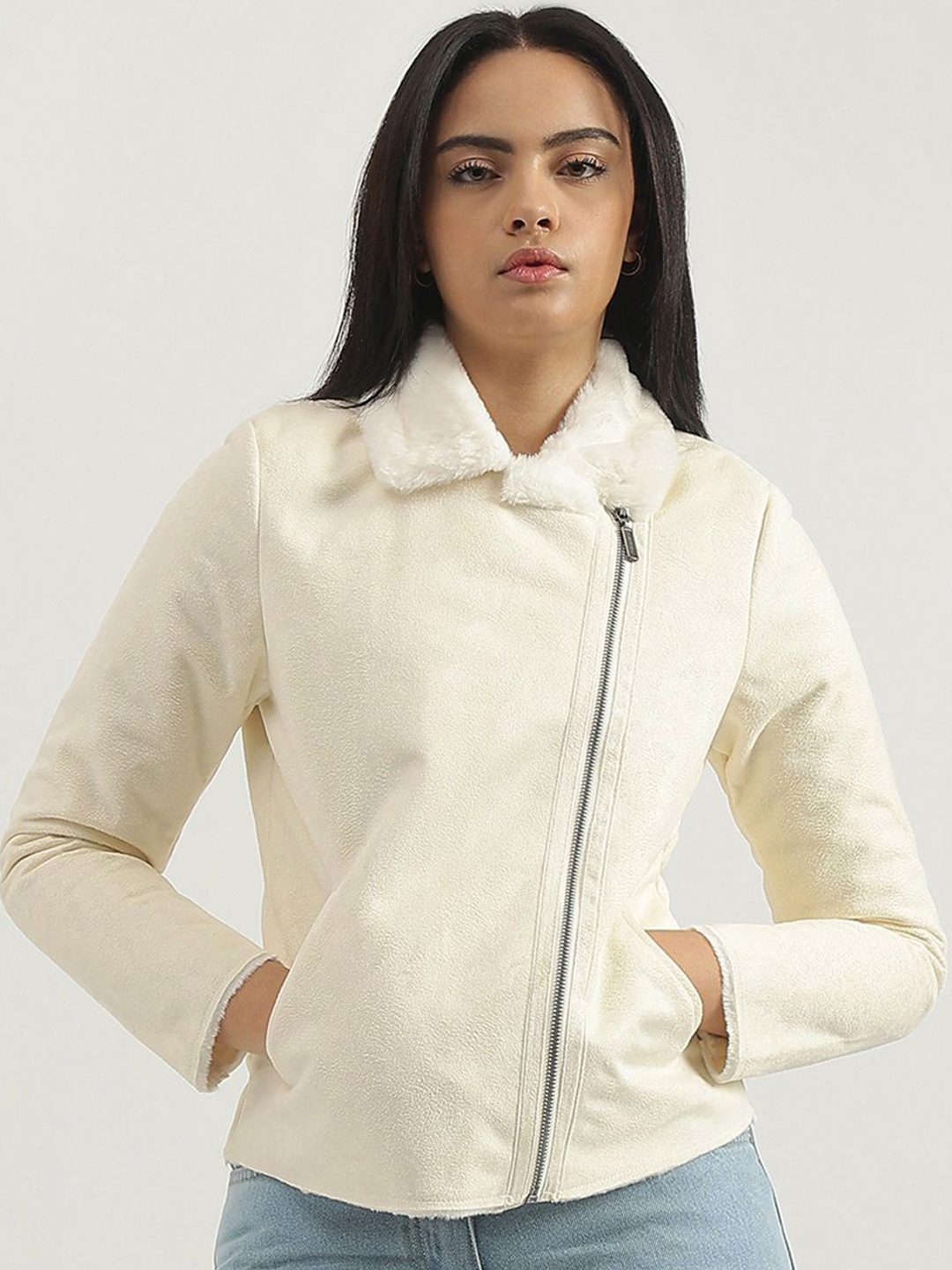 

United Colors of Benetton Women Shawl Collar Solid Casual Leather Jacket, Cream