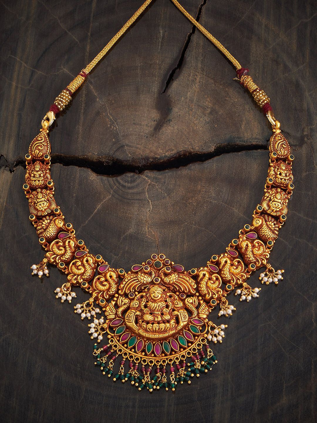 

Kushal's Fashion Jewellery 92.5 Pure Silver Gold-Plated Stone Studded Temple Necklace