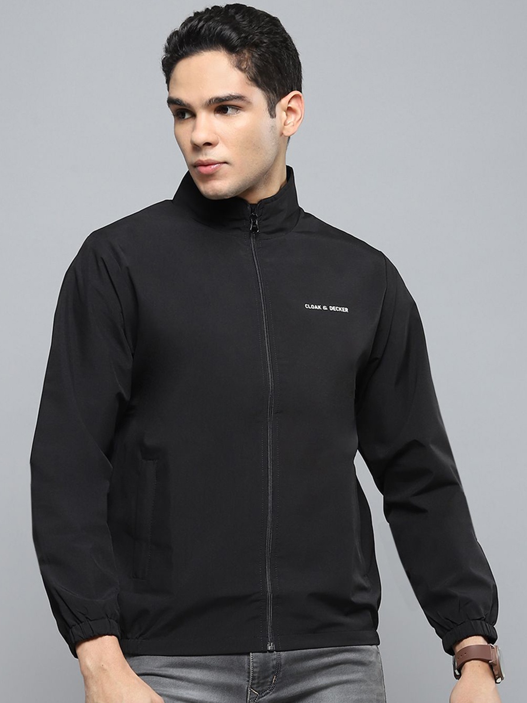 

Cloak & Decker Men Mock Collar Solid Casual Sporty Jacket, Black