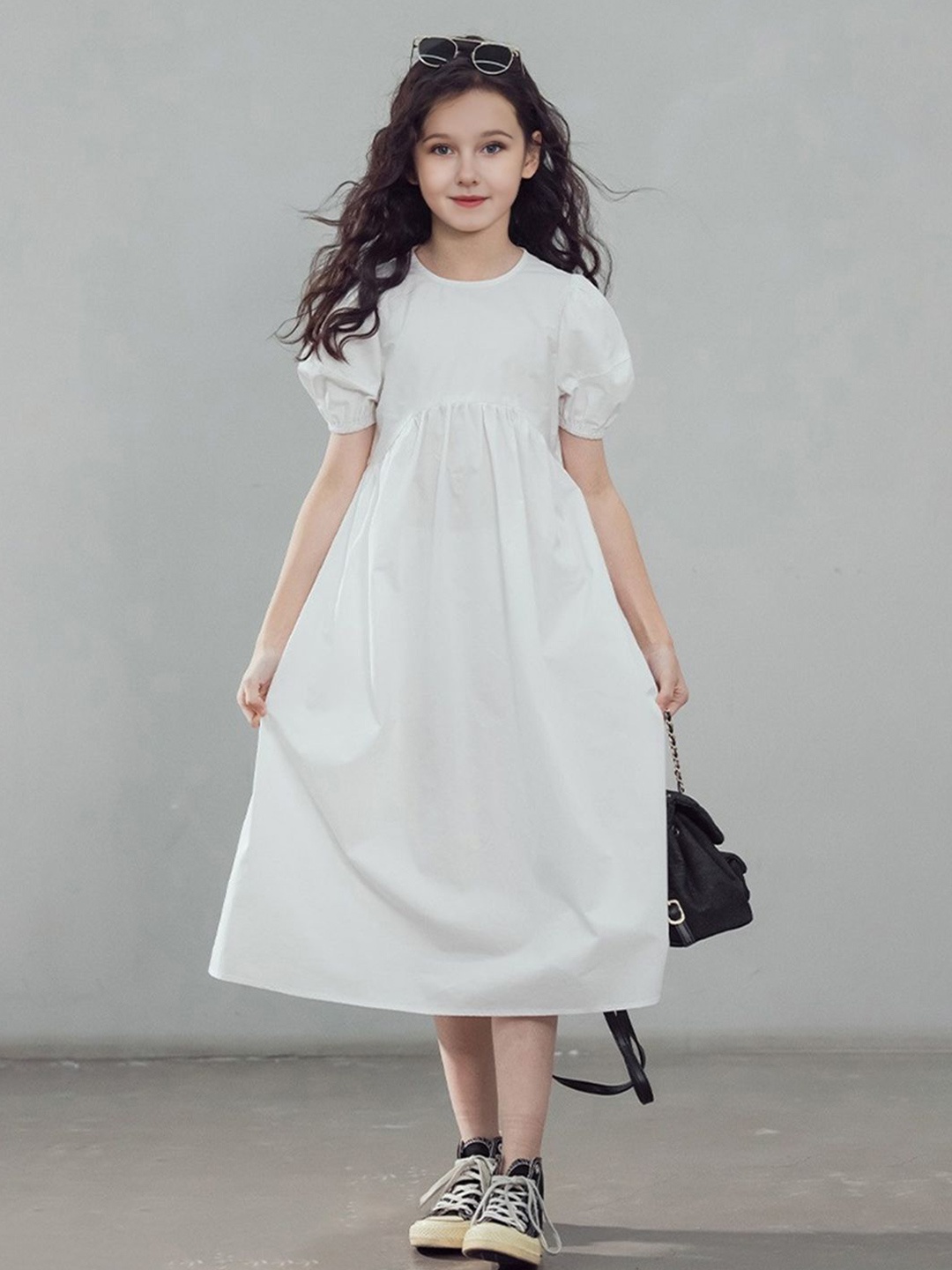 

INCLUD Girls Puff Sleeve A-Line Midi Dress, White