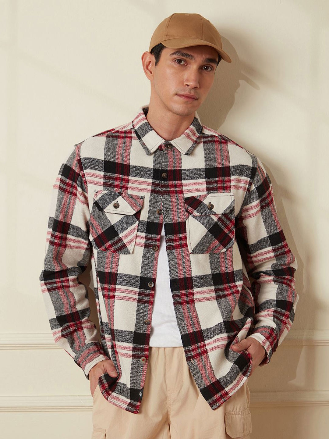 

WROGN Men Comfort Spread Collar Tartan Checked Cotton Relaxed Fit Casual Shirt, Red