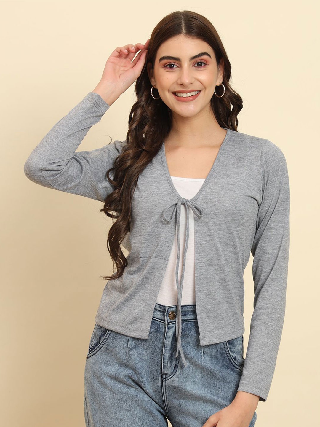 

BAESD Croped Cotton Tie-Up Shrug, Grey