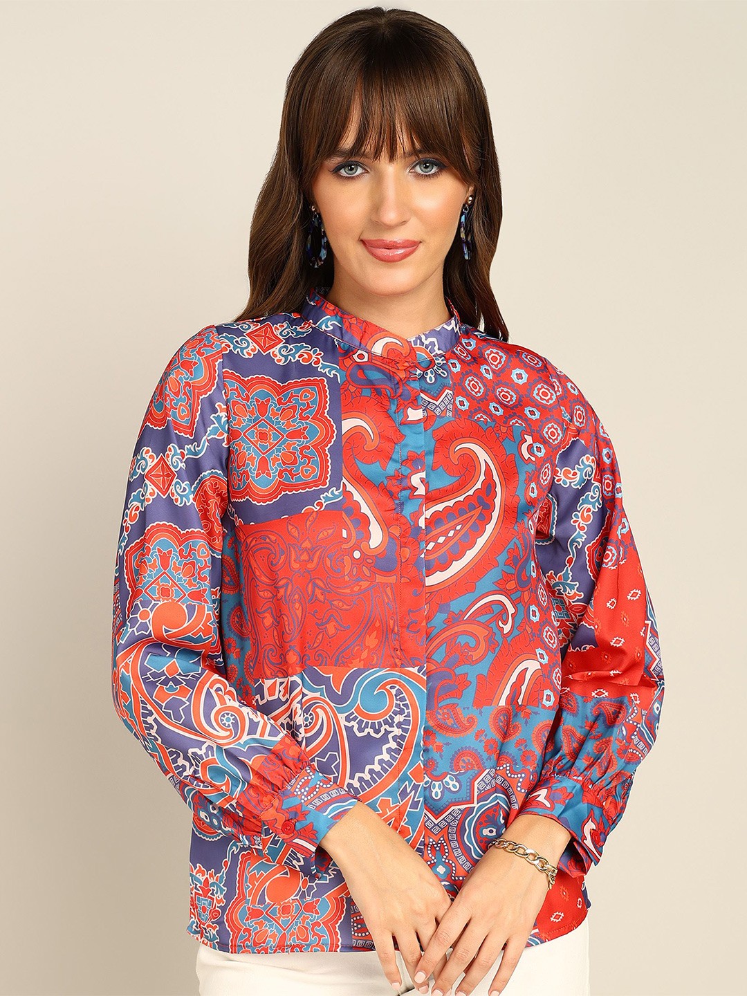 

DressBerry Women Mandarin Collar Ethnic Motifs Printed Casual Shirt, Blue