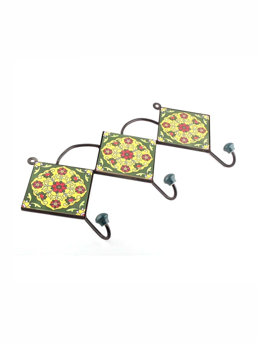 

IndianShelf Green & Yellow Ceramic Round Flower Tile Wall Hooks