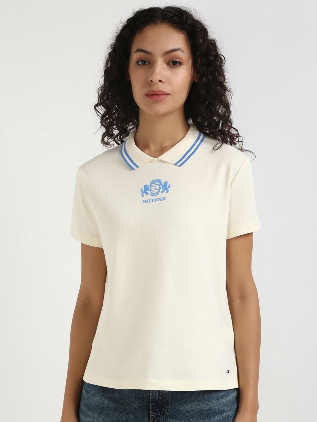 

Tommy Hilfiger Women Graphic Printed Polo Collar Cotton T-shirt, Beige