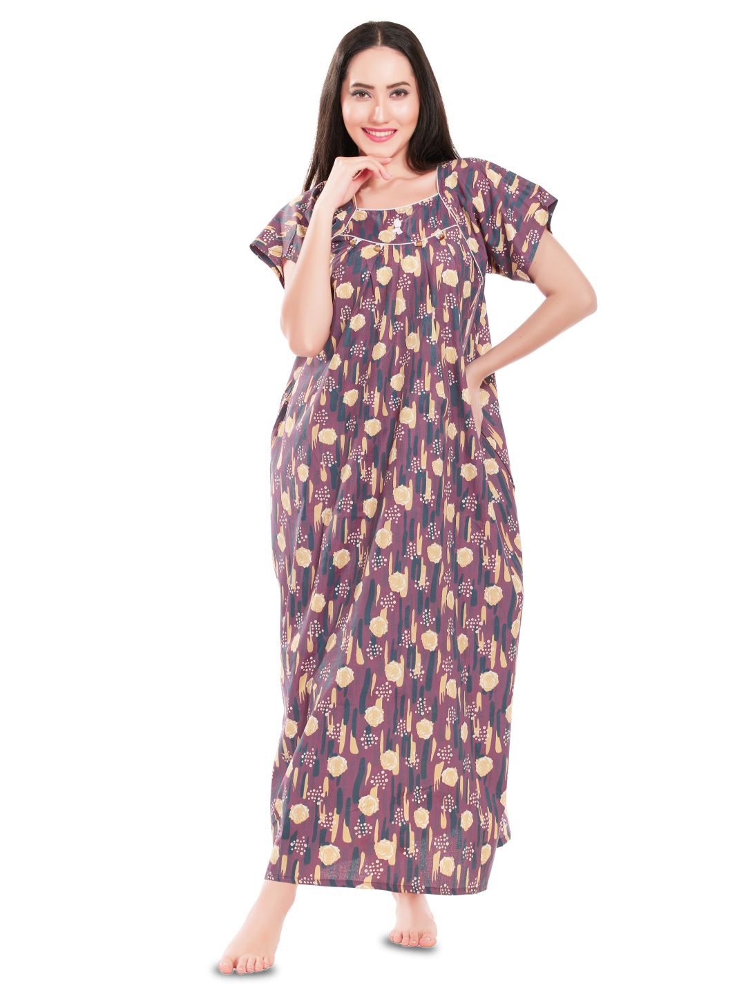 

Zionity Women Floral Printed Square Neck Short Sleeves Maxi Nightdress, Blue