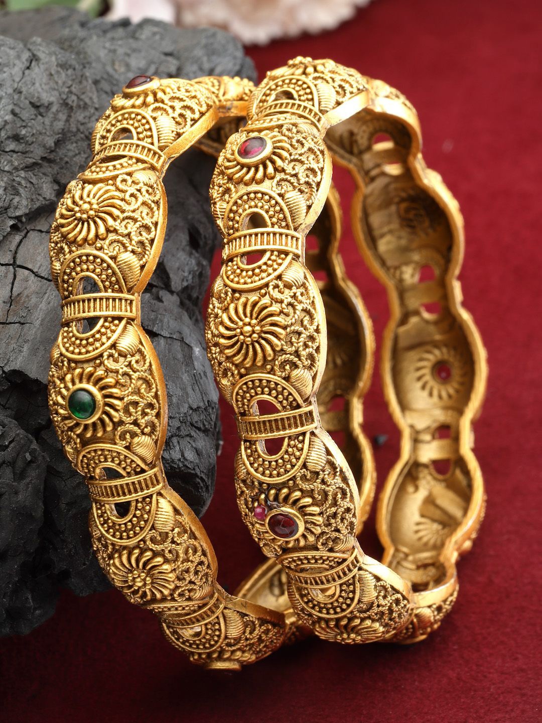 

PANASH Set Of 2 24 CT Gold-Plated AD-Studded Antique Bangles