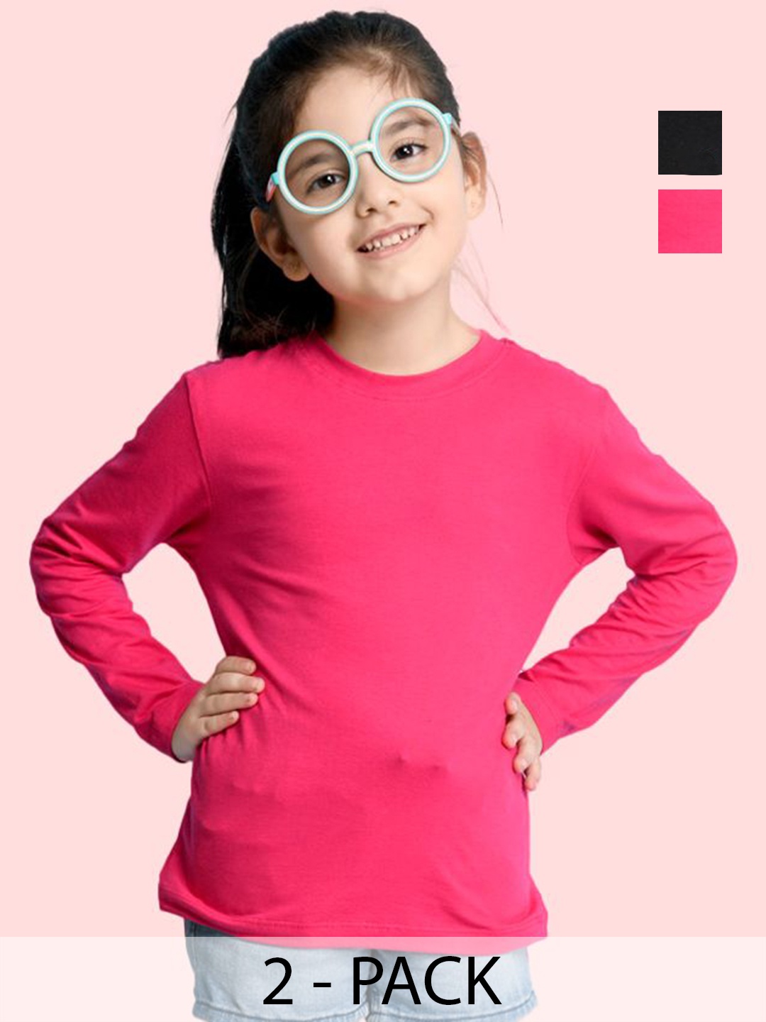 

NUSYL Girls Pack Of 2 Solid Round Neck Cotton T-shirts, Pink