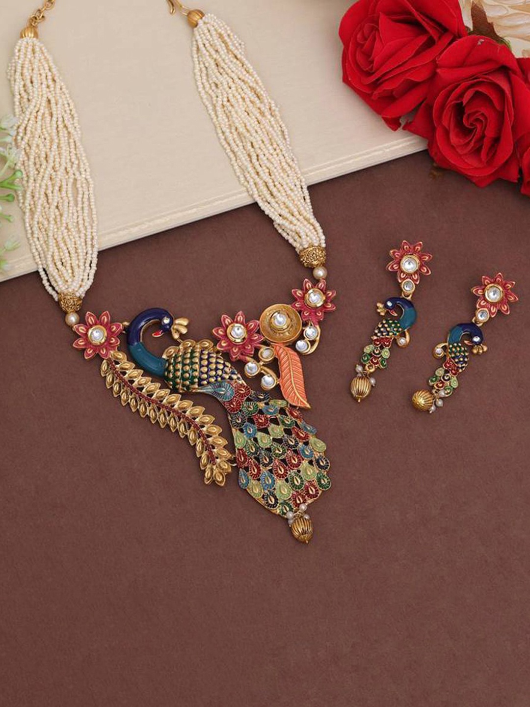 

RHOSYN Gold-Plated Artificial Stones and Beads Studded & Beaded Jewellery Set