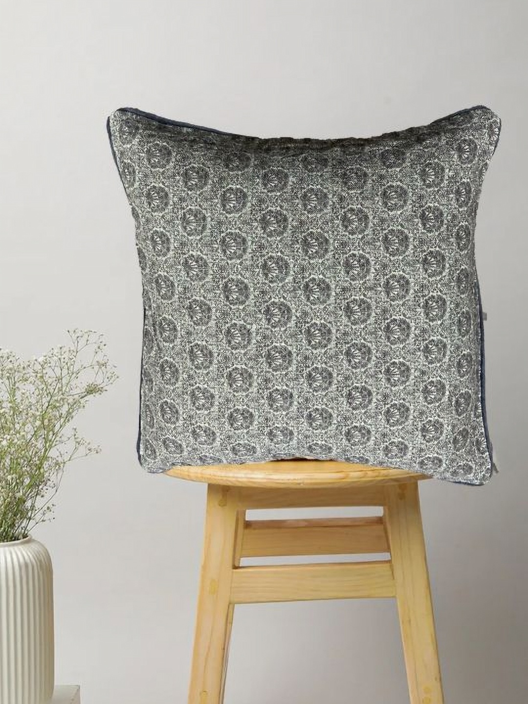 

SAJAVAT Grey Melange Floral Printed Cotton Square Cushion Cover