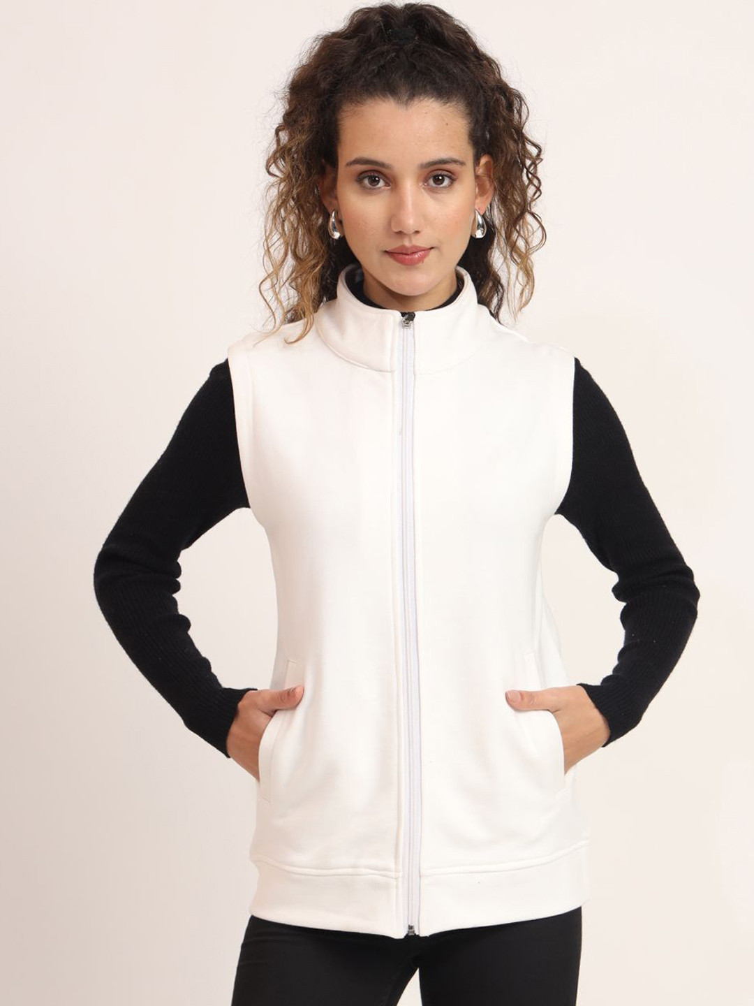 

CHARMGAL Women Mock Collar Solid Cotton Casual Bomber Jacket, White