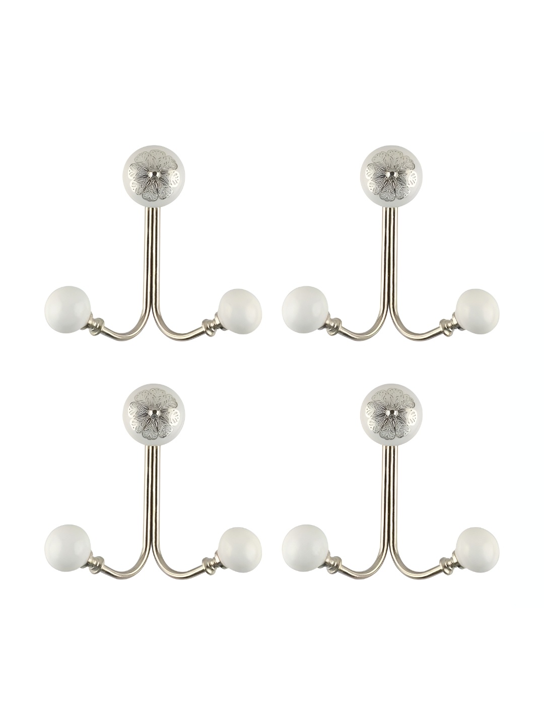 

IndianShelf Silver-Toned & White 4 Pieces Floral Ceramic Wall Hooks