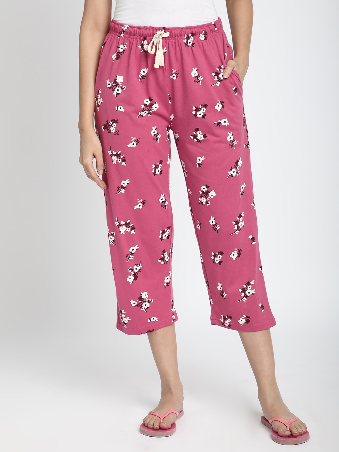 

R&B Women Floral Printed Cotton Straight Cropped Lounge Pants, Pink